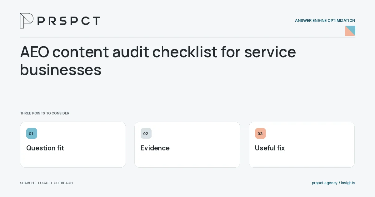 PRSPCT diagram for AEO content audit checklist for service businesses: Question fit, Evidence, Useful fix.
