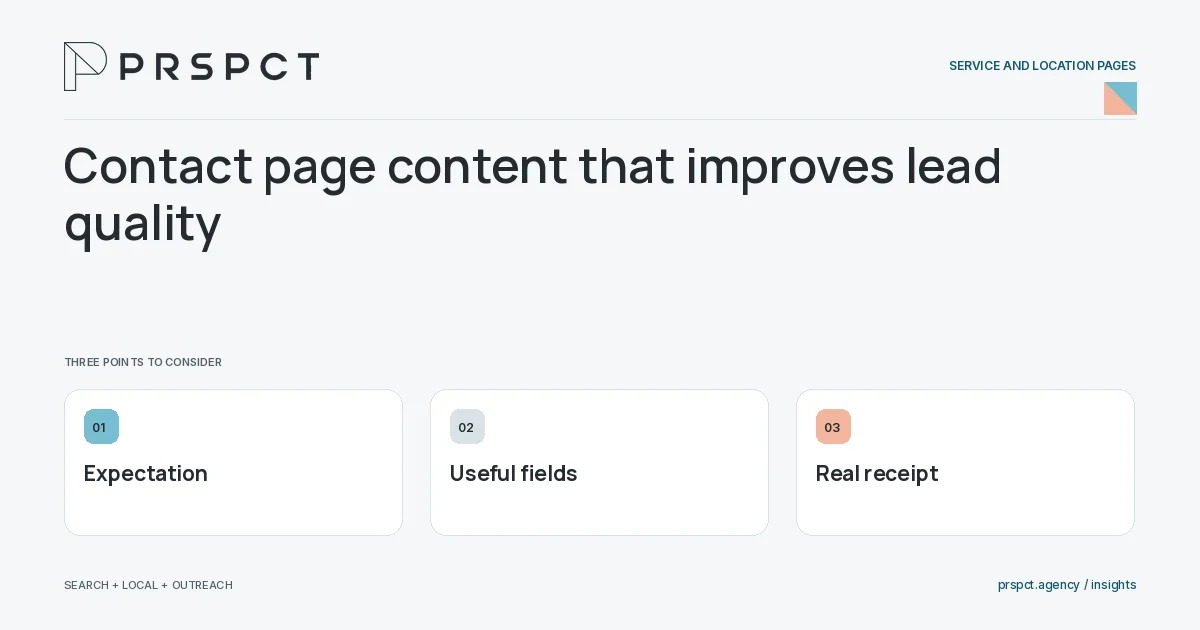 PRSPCT diagram for Contact page content that improves lead quality: Expectation, Useful fields, Real receipt.