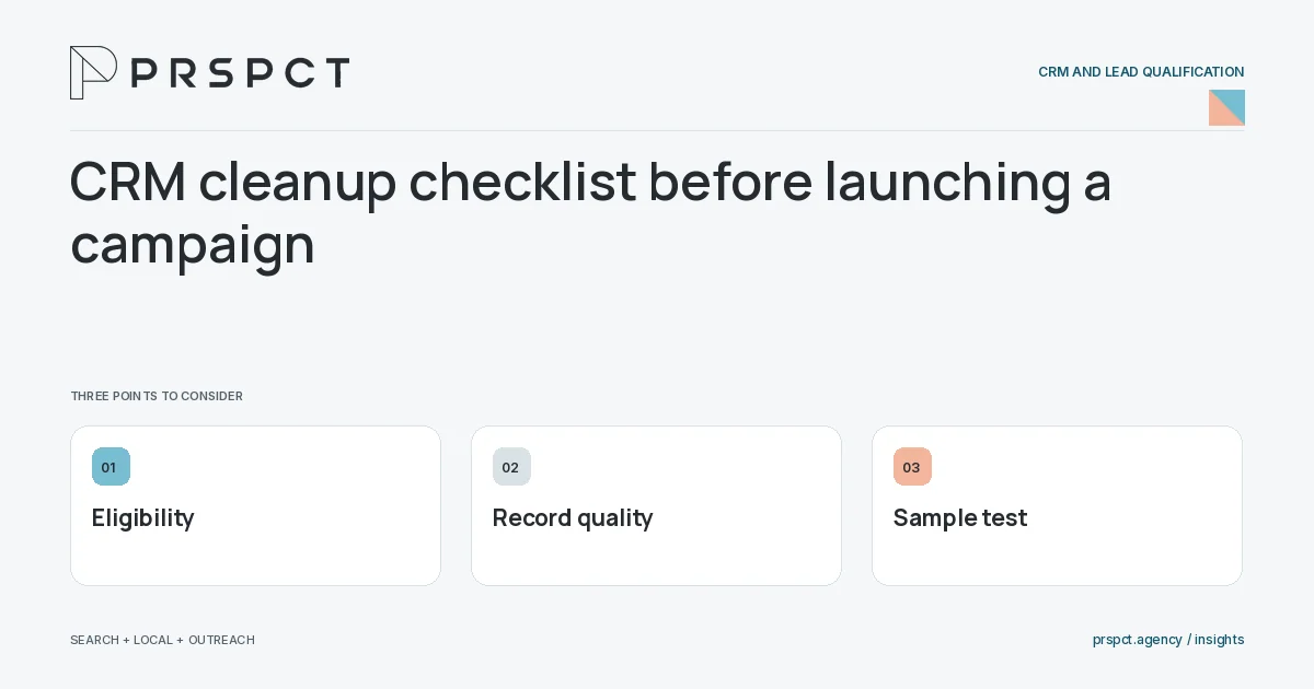 PRSPCT diagram for CRM cleanup checklist before launching a campaign: Eligibility, Record quality, Sample test.