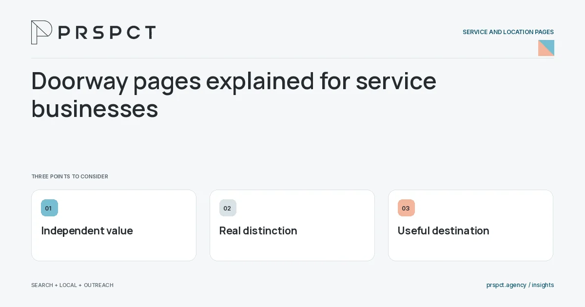 PRSPCT diagram for Doorway pages explained for service businesses: Independent value, Real distinction, Useful destination.