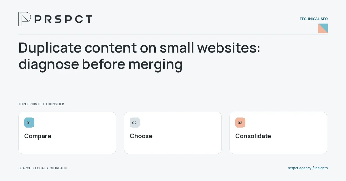 PRSPCT diagram for Duplicate content on small websites: diagnose before merging: Compare, Choose, Consolidate.
