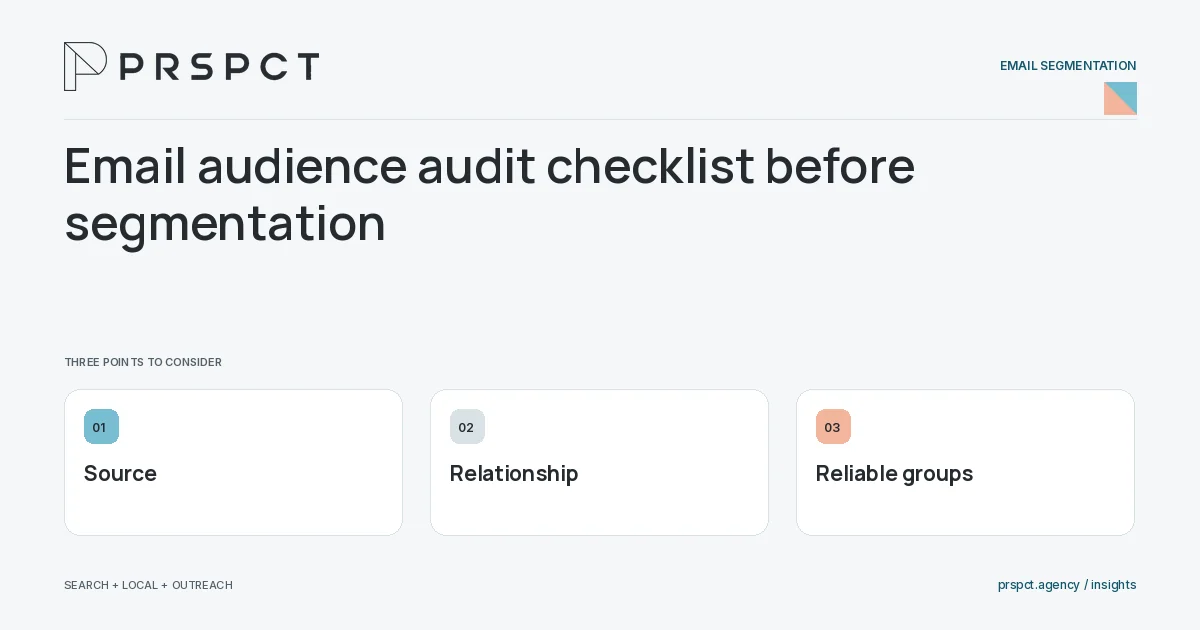 PRSPCT diagram for Email audience audit checklist before segmentation: Source, Relationship, Reliable groups.
