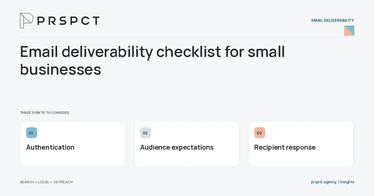 PRSPCT diagram for Email deliverability checklist for small businesses: Authentication, Audience expectations, Recipient response.