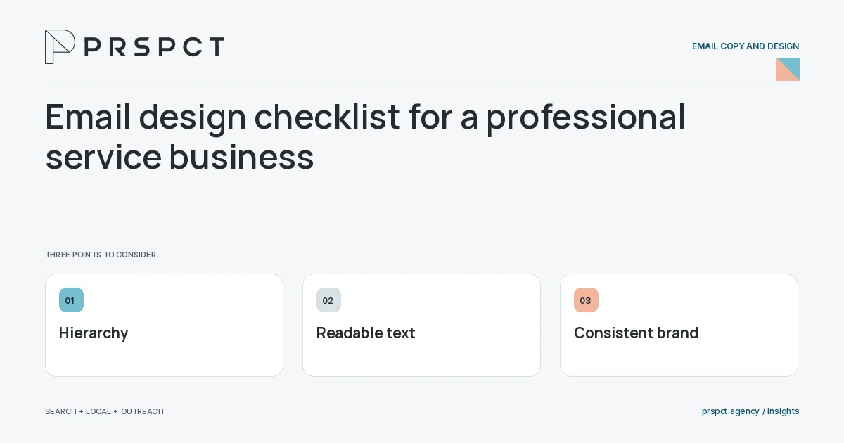 PRSPCT diagram for Email design checklist for a professional service business: Hierarchy, Readable text, Consistent brand.