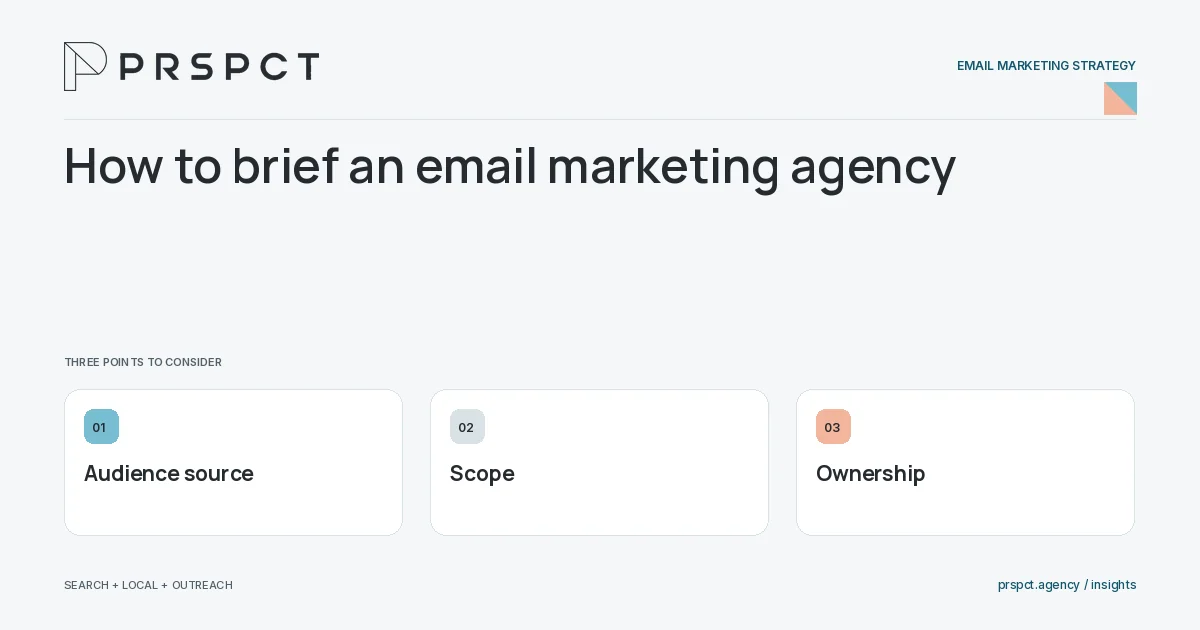 PRSPCT diagram for How to brief an email marketing agency: Audience source, Scope, Ownership.