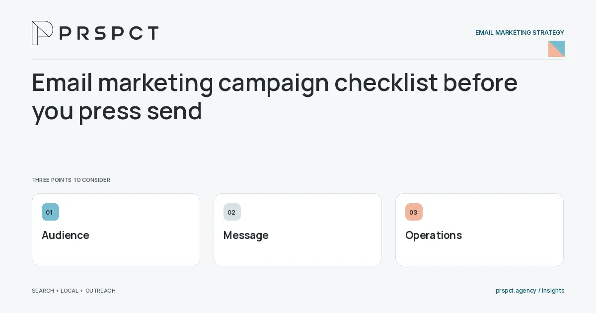 PRSPCT diagram for Email marketing campaign checklist before you press send: Audience, Message, Operations.