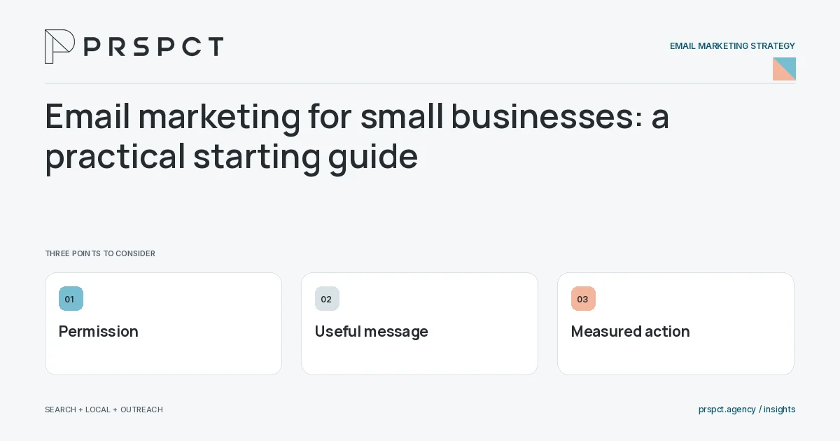 PRSPCT diagram for Email marketing for small businesses: a practical starting guide: Permission, Useful message, Measured action.