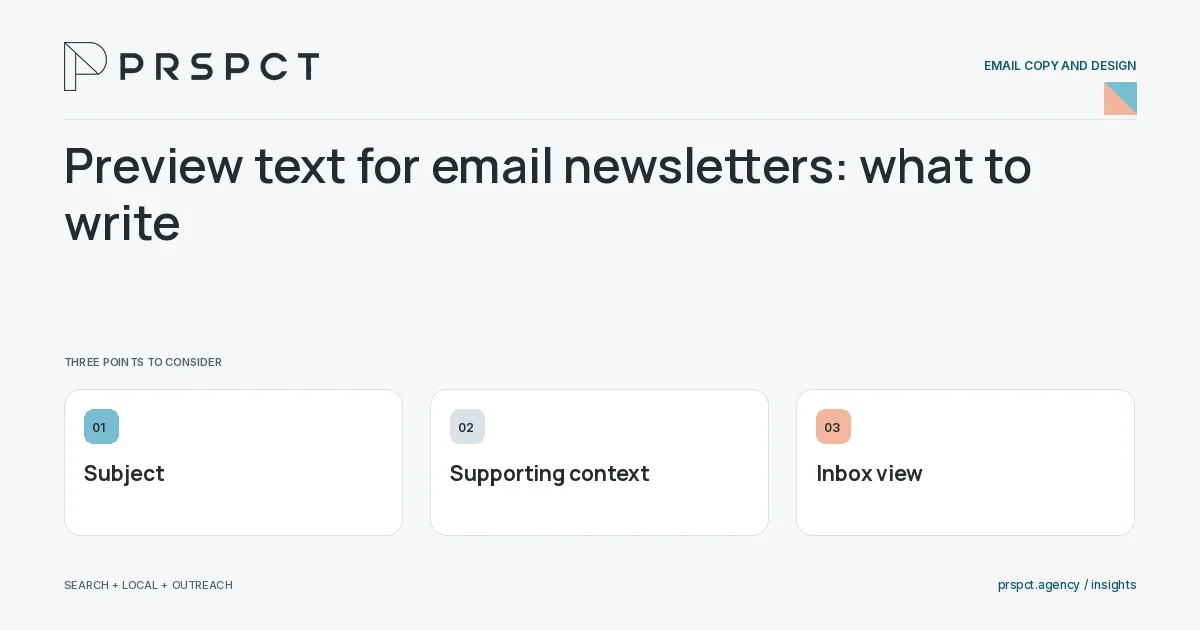 PRSPCT diagram for Preview text for email newsletters: what to write: Subject, Supporting context, Inbox view.