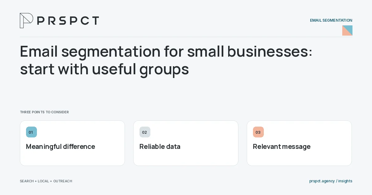 PRSPCT diagram for Email segmentation for small businesses: start with useful groups: Meaningful difference, Reliable data, Relevant message.