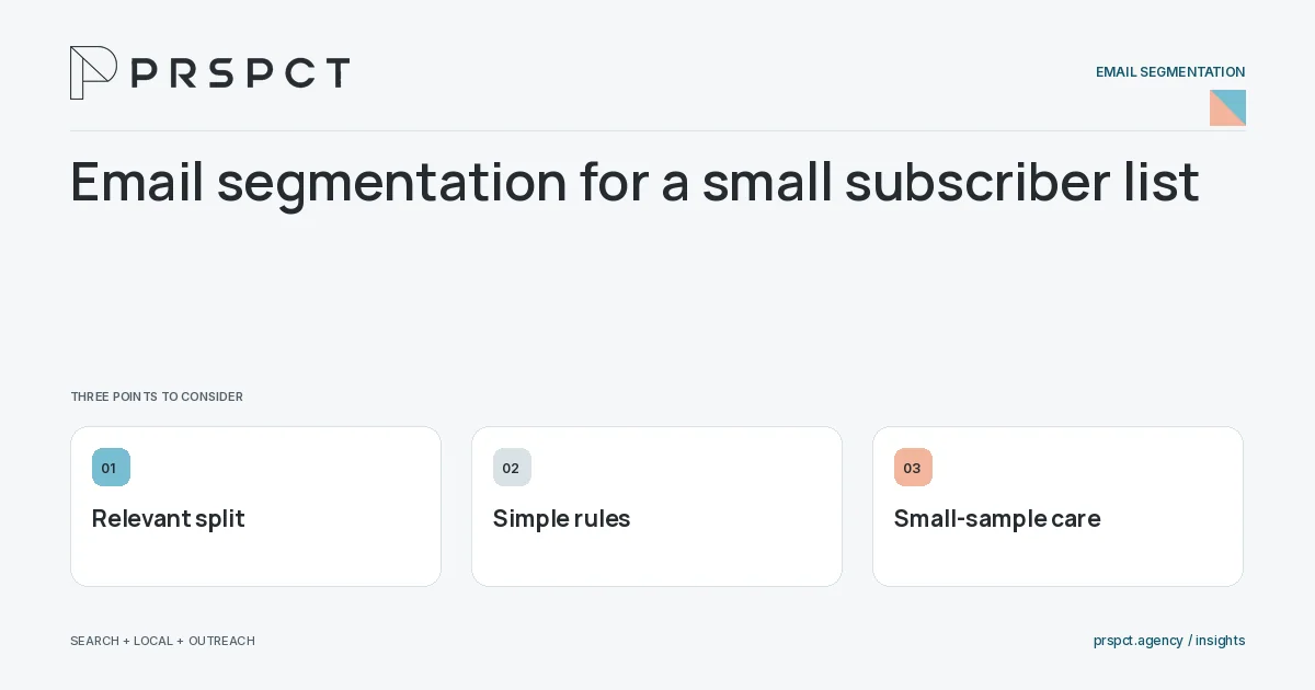 PRSPCT diagram for Email segmentation for a small subscriber list: Relevant split, Simple rules, Small-sample care.
