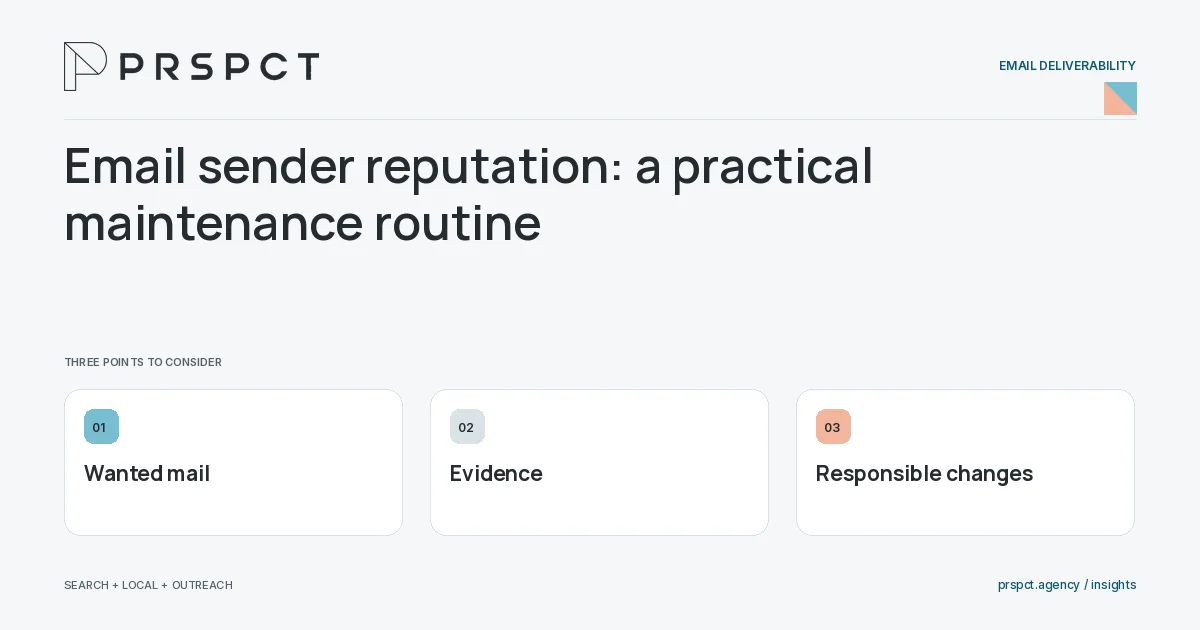 PRSPCT diagram for Email sender reputation: a practical maintenance routine: Wanted mail, Evidence, Responsible changes.
