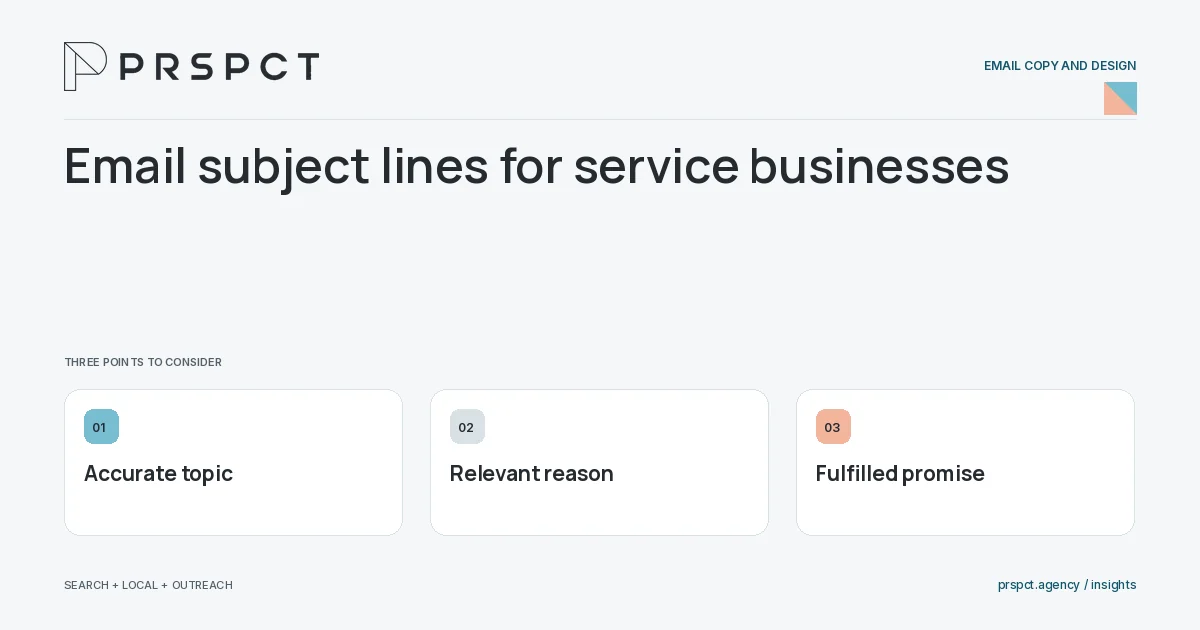 PRSPCT diagram for Email subject lines for service businesses: Accurate topic, Relevant reason, Fulfilled promise.