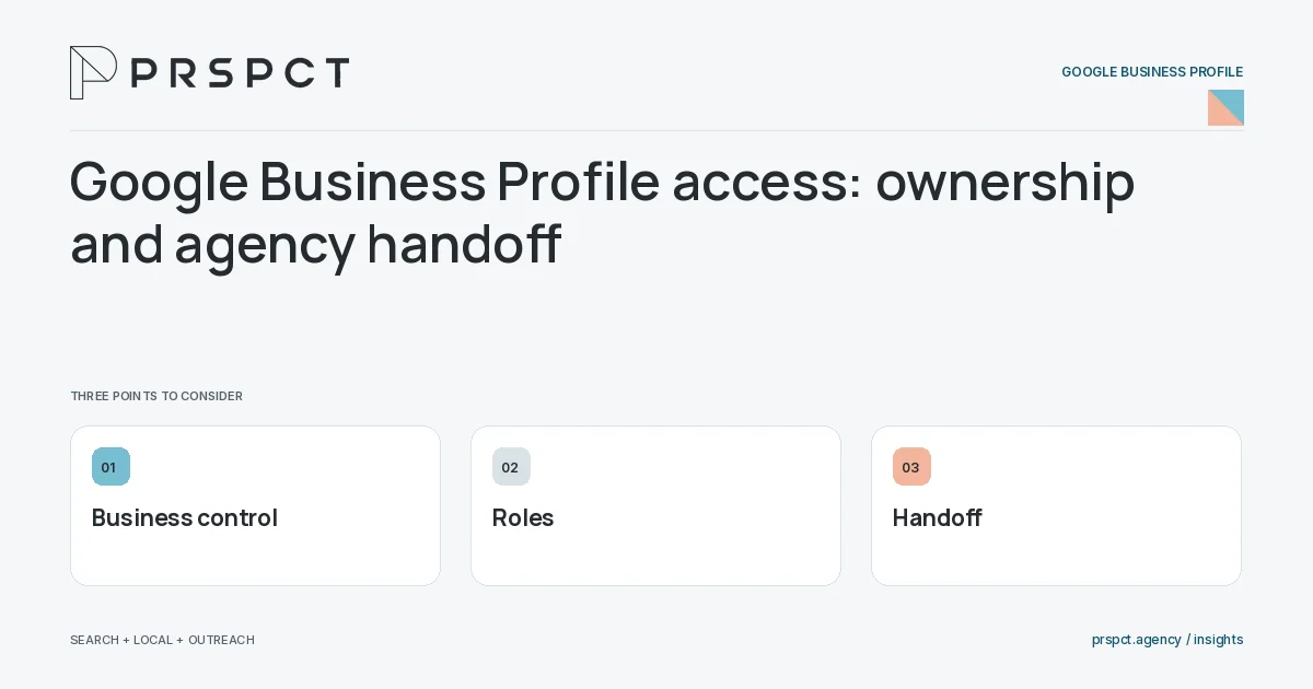 PRSPCT diagram for Google Business Profile access: ownership and agency handoff: Business control, Roles, Handoff.