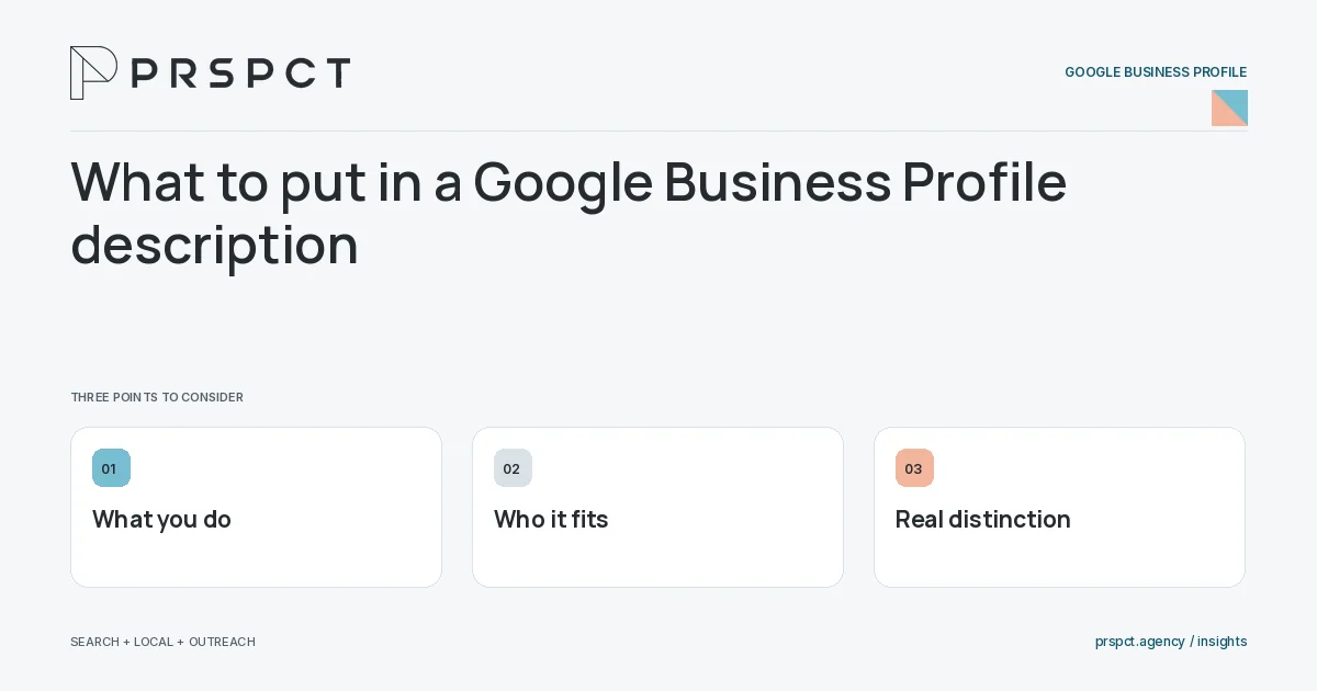 PRSPCT diagram for What to put in a Google Business Profile description: What you do, Who it fits, Real distinction.