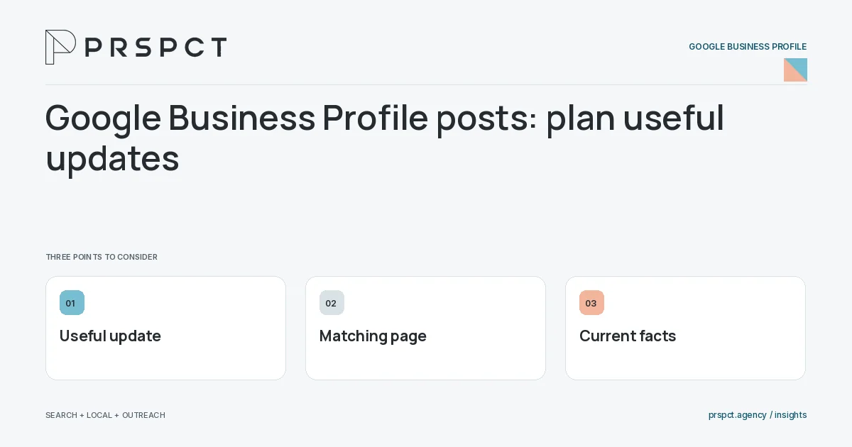PRSPCT diagram for Google Business Profile posts: plan useful updates: Useful update, Matching page, Current facts.