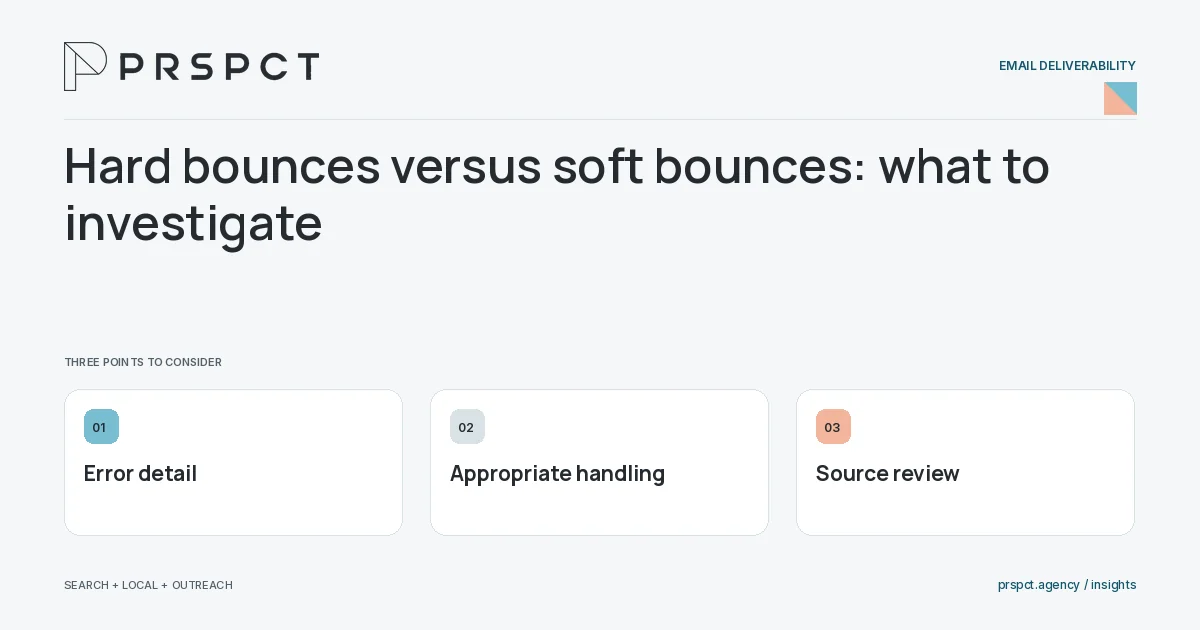 PRSPCT diagram for Hard bounces versus soft bounces: what to investigate: Error detail, Appropriate handling, Source review.