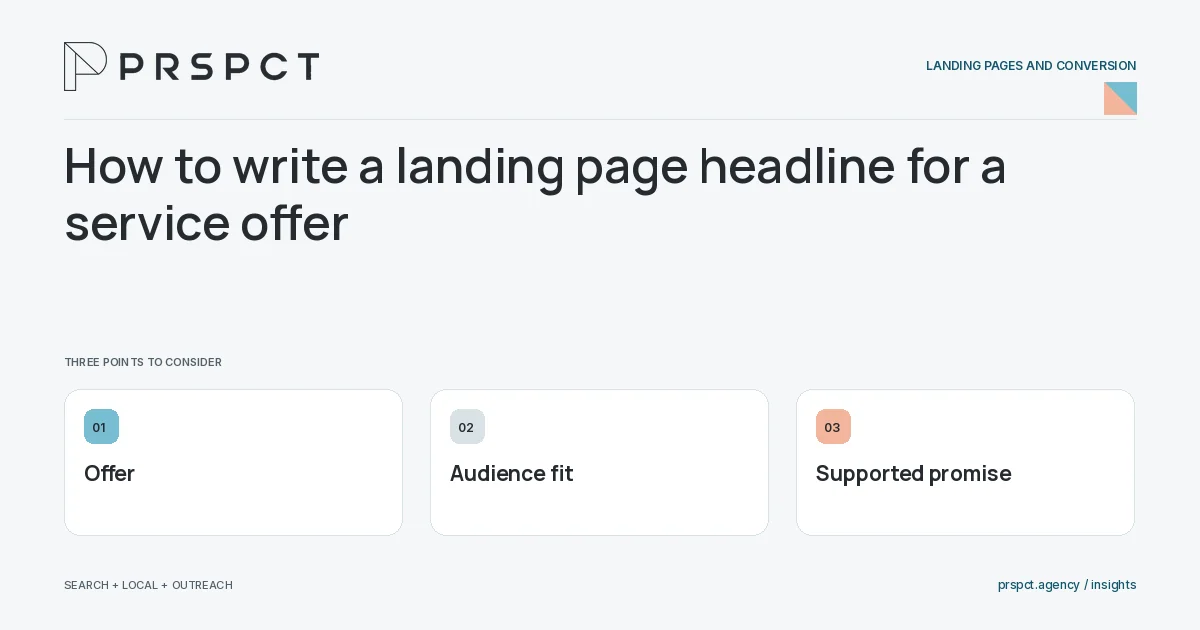 PRSPCT diagram for How to write a landing page headline for a service offer: Offer, Audience fit, Supported promise.
