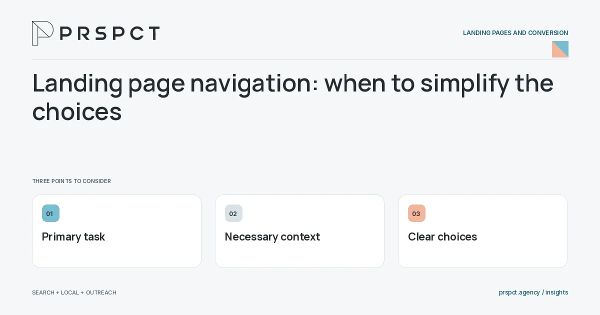 PRSPCT diagram for Landing page navigation: when to simplify the choices: Primary task, Necessary context, Clear choices.