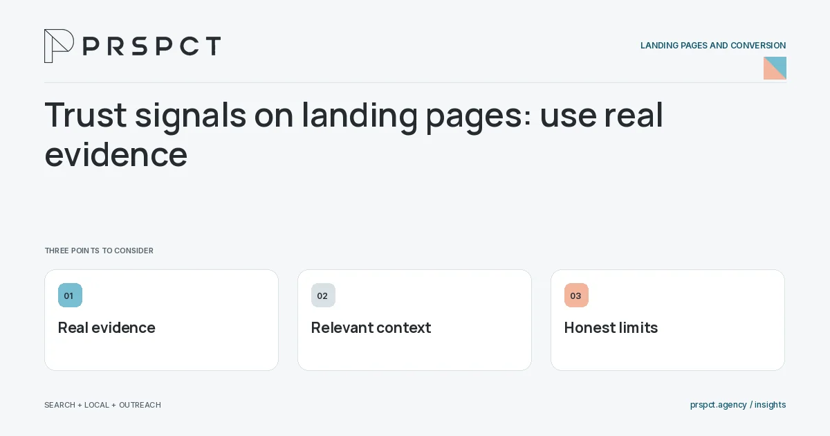 PRSPCT diagram for Trust signals on landing pages: use real evidence: Real evidence, Relevant context, Honest limits.
