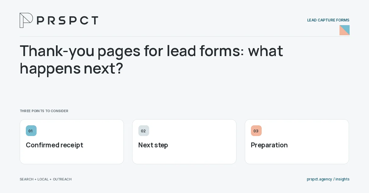 PRSPCT diagram for Thank-you pages for lead forms: what happens next: Confirmed receipt, Next step, Preparation.