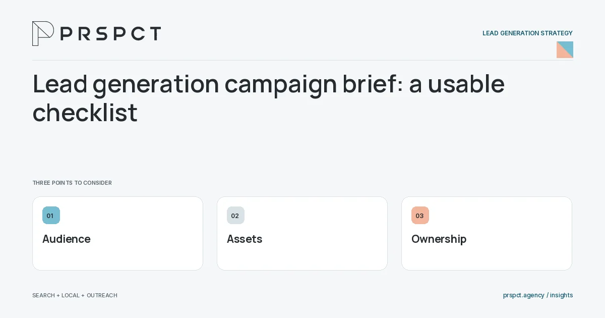 PRSPCT diagram for Lead generation campaign brief: a usable checklist: Audience, Assets, Ownership.