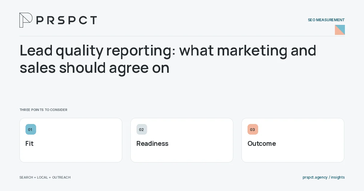 PRSPCT diagram for Lead quality reporting: what marketing and sales should agree on: Fit, Readiness, Outcome.
