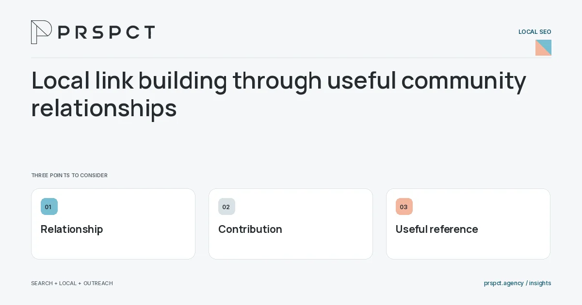 PRSPCT diagram for Local link building through useful community relationships: Relationship, Contribution, Useful reference.