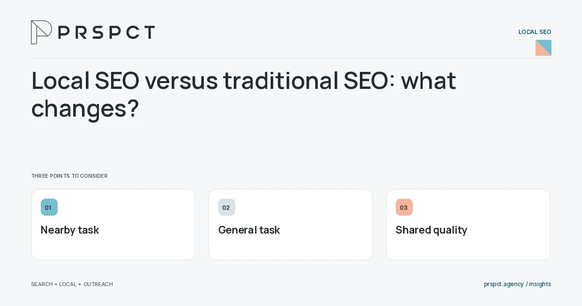 PRSPCT diagram for Local SEO versus traditional SEO: what changes: Nearby task, General task, Shared quality.