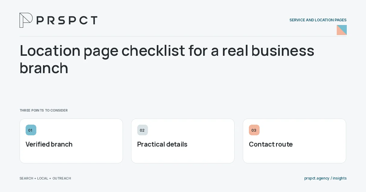 PRSPCT diagram for Location page checklist for a real business branch: Verified branch, Practical details, Contact route.
