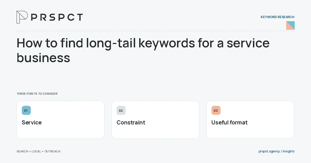 PRSPCT diagram for How to find long-tail keywords for a service business: Service, Constraint, Useful format.