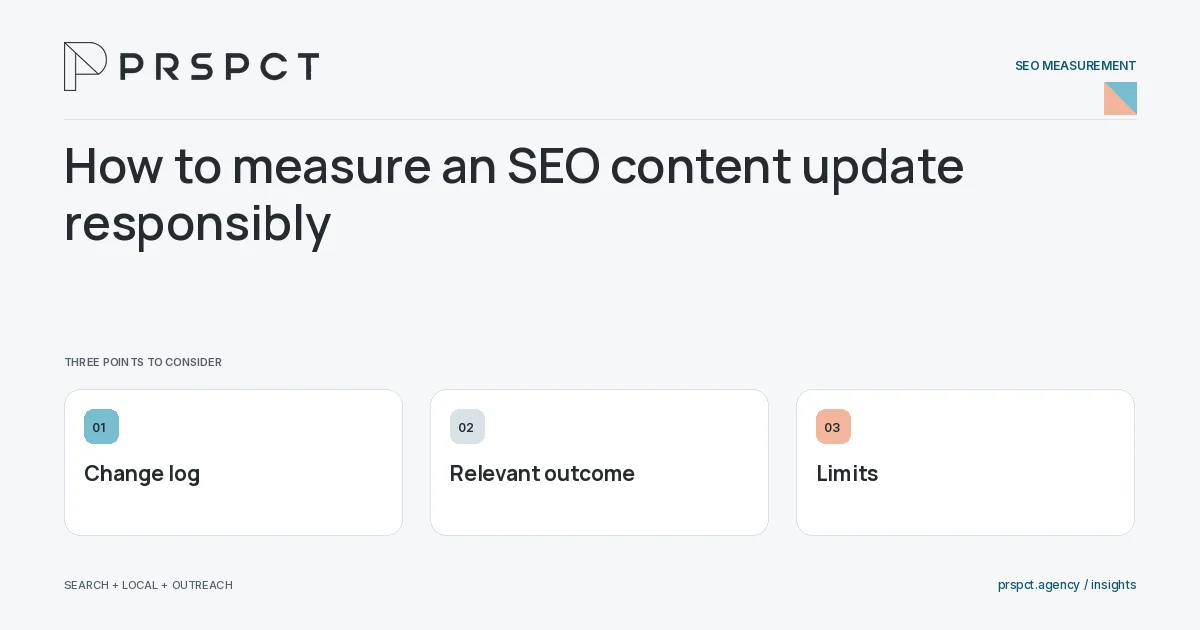 PRSPCT diagram for How to measure an SEO content update responsibly: Change log, Relevant outcome, Limits.