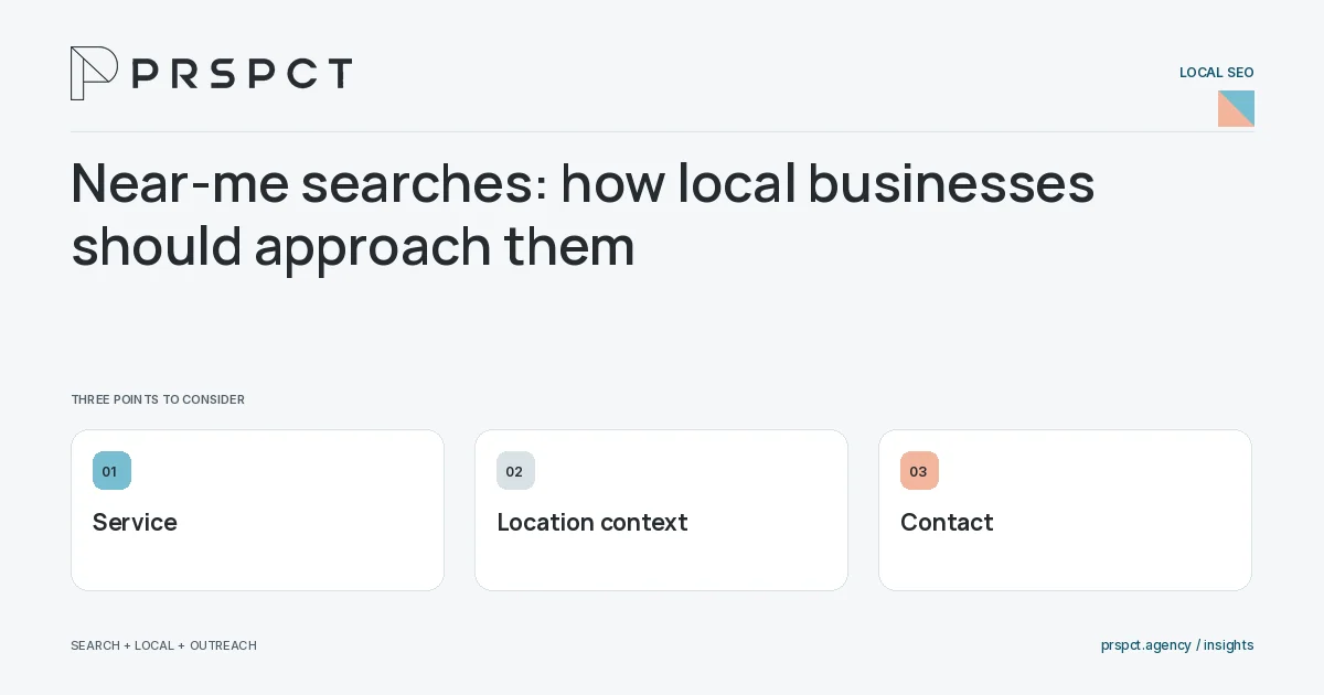 PRSPCT diagram for Near-me searches: how local businesses should approach them: Service, Location context, Contact.
