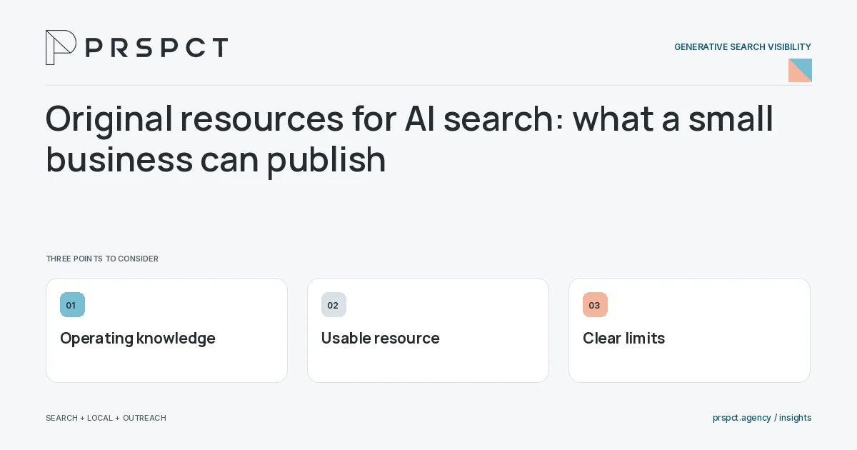 PRSPCT diagram for Original resources for AI search: what a small business can publish: Operating knowledge, Usable resource, Clear limits.