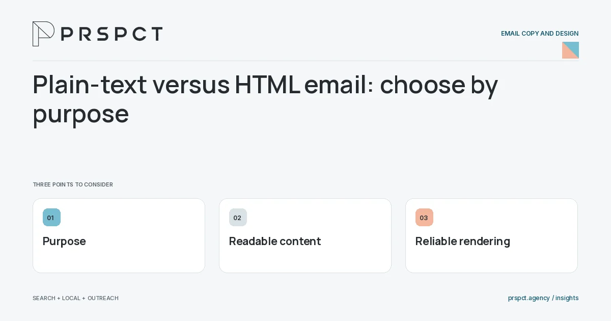 PRSPCT diagram for Plain-text versus HTML email: choose by purpose: Purpose, Readable content, Reliable rendering.