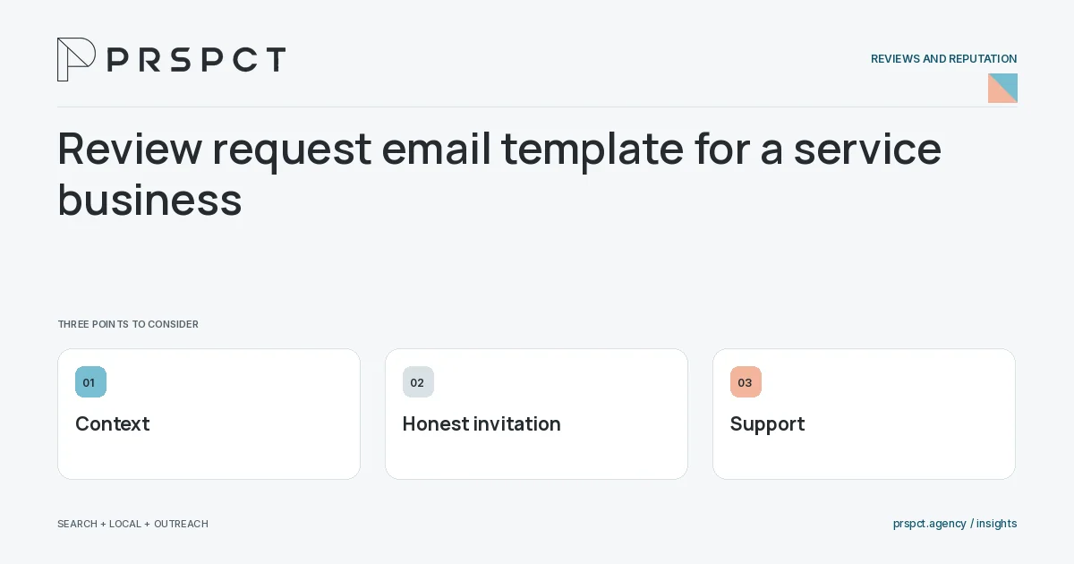 PRSPCT diagram for Review request email template for a service business: Context, Honest invitation, Support.