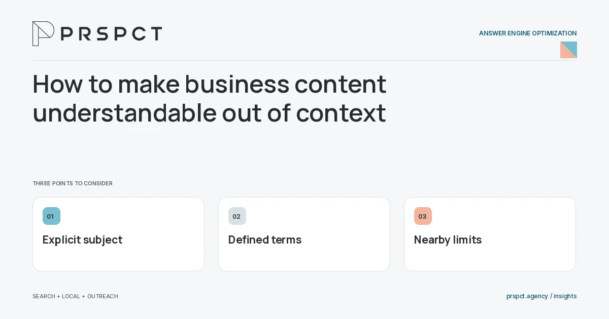 PRSPCT diagram for How to make business content understandable out of context: Explicit subject, Defined terms, Nearby limits.