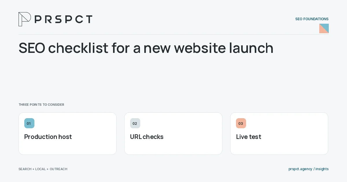 PRSPCT diagram for SEO checklist for a new website launch: Production host, URL checks, Live test.