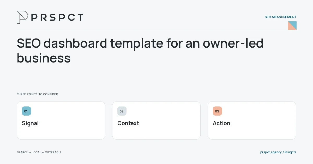 PRSPCT diagram for SEO dashboard template for an owner-led business: Signal, Context, Action.