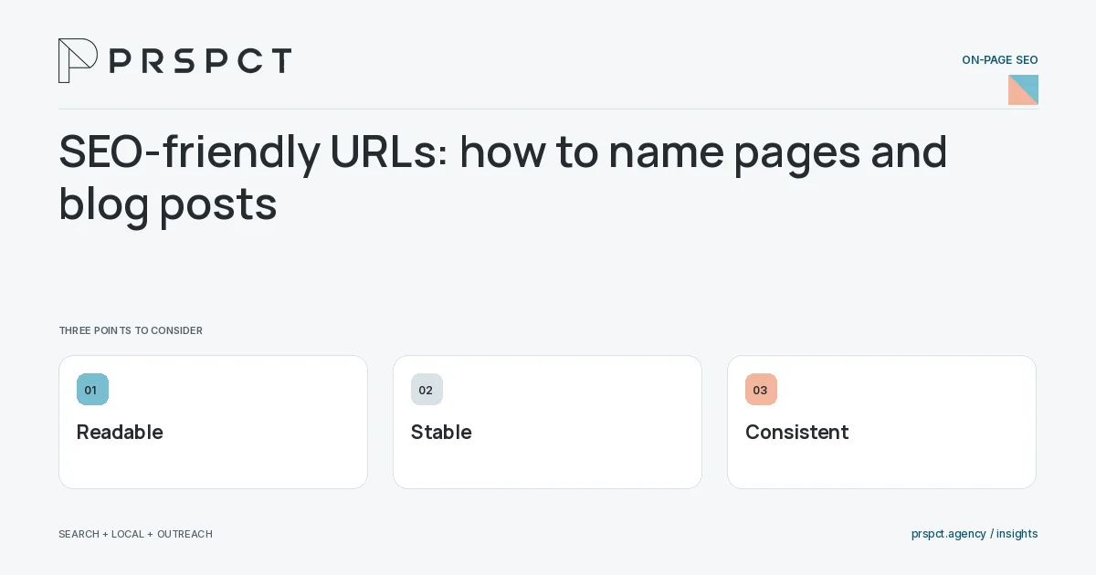 PRSPCT diagram for SEO-friendly URLs: how to name pages and blog posts: Readable, Stable, Consistent.