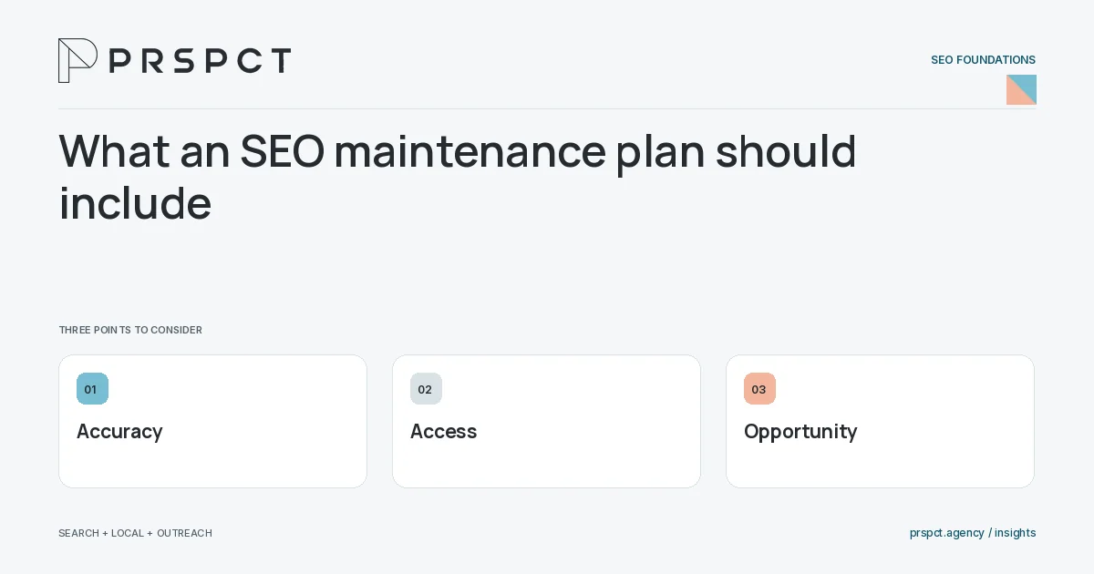 PRSPCT diagram for What an SEO maintenance plan should include: Accuracy, Access, Opportunity.