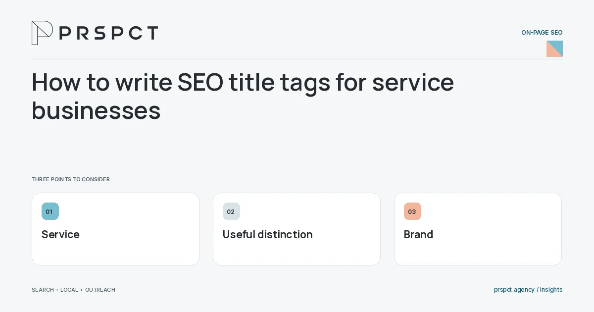 PRSPCT diagram for How to write SEO title tags for service businesses: Service, Useful distinction, Brand.
