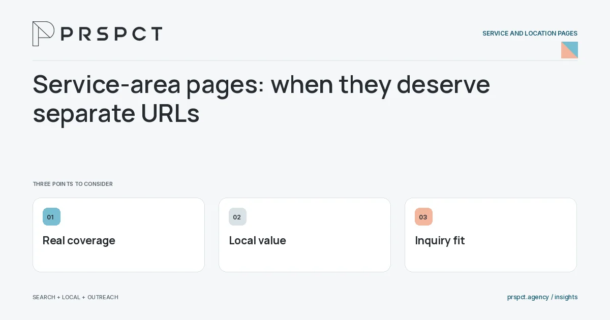 PRSPCT diagram for Service-area pages: when they deserve separate URLs: Real coverage, Local value, Inquiry fit.