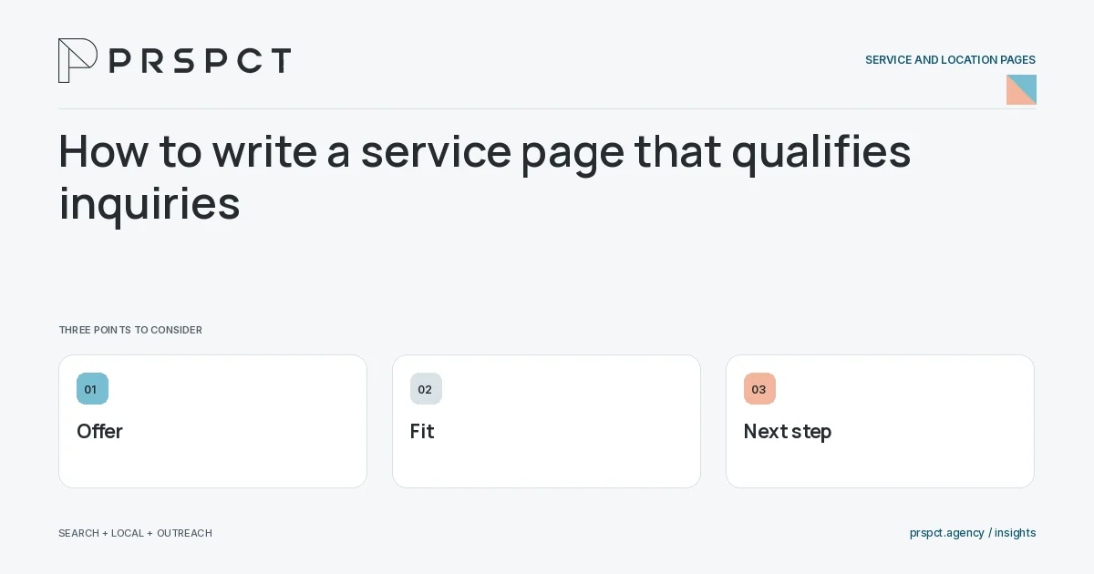 PRSPCT diagram for How to write a service page that qualifies inquiries: Offer, Fit, Next step.