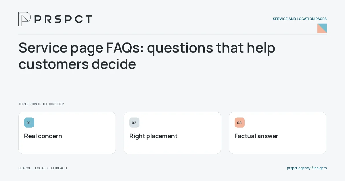 PRSPCT diagram for Service page FAQs: questions that help customers decide: Real concern, Right placement, Factual answer.