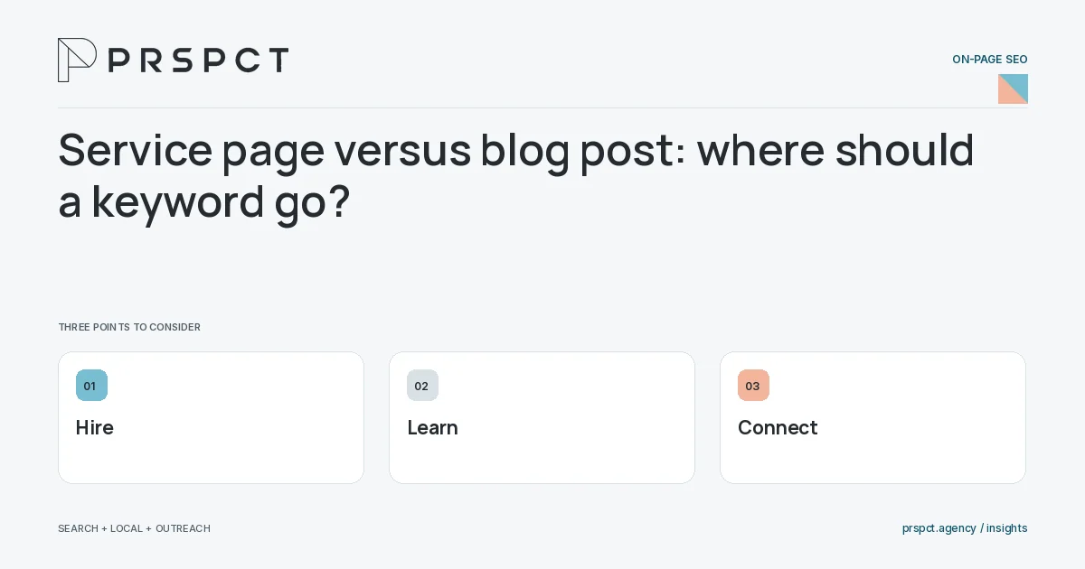 PRSPCT diagram for Service page versus blog post: where should a keyword go: Hire, Learn, Connect.