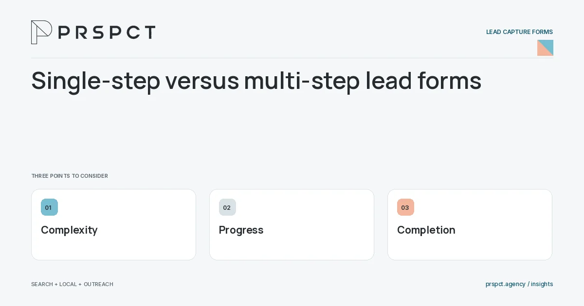 PRSPCT diagram for Single-step versus multi-step lead forms: Complexity, Progress, Completion.