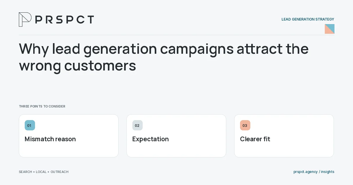 PRSPCT diagram for Why lead generation campaigns attract the wrong customers: Mismatch reason, Expectation, Clearer fit.